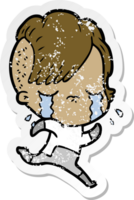 distressed sticker of a cartoon crying girl wearing space clothes png