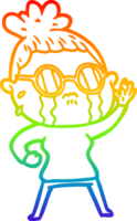 rainbow gradient line drawing of a cartoon crying woman wearing spectacles png