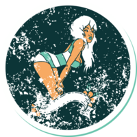 iconic distressed sticker tattoo style image of a pinup girl in swimming costume with banner png