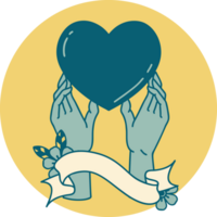 tattoo style icon with banner of hands reaching for a heart png