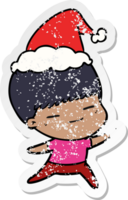 mano dibujado afligido pegatina dibujos animados de un presumido chico vistiendo Papa Noel sombrero png