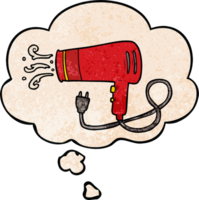 cartoon electric hairdryer with thought bubble in grunge texture style png