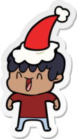 main tiré autocollant dessin animé de une en riant garçon portant Père Noël chapeau png