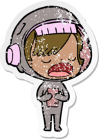 distressed sticker of a cartoon astronaut woman explaining png