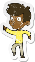 retro distressed sticker of a cartoon pointing boy png