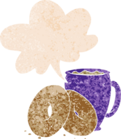 desenho animado café e rosquinhas com discurso bolha dentro grunge angustiado retro texturizado estilo png