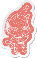 quirky cartoon distressed sticker of a cat staring wearing santa hat png