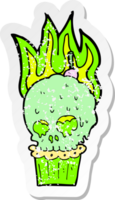 retro distressed sticker of a cartoon spooky skull cupcake png