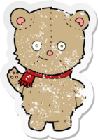 retro distressed sticker of a cartoon waving teddy bear png