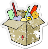 retro distressed sticker of a cartoon box of things png