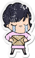 distressed sticker of a cartoon woman crying png