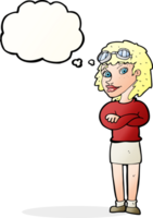 cartoon woman with crossed arms and safety goggles with thought bubble png