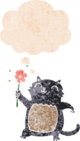 cartoon cat with flower with thought bubble in grunge distressed retro textured style png
