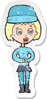 Retro-Distressed-Aufkleber einer Cartoon-Frau mit Wintermütze png