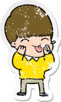 distressed sticker of a cartoon boy blowing raspberry png