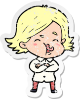 distressed sticker of a cartoon girl pulling face png