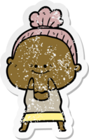 distressed sticker of a cartoon happy old woman png