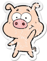 distressed sticker of a happy cartoon pig png