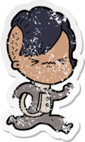 distressed sticker of a cartoon annoyed hipster girl wearing space suit png