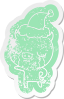 quirky cartoon distressed sticker of a pig crying wearing santa hat png