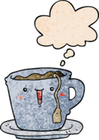 linda dibujos animados taza y platillo con pensamiento burbuja en grunge textura estilo png