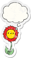 cartoon flower with thought bubble as a distressed worn sticker png