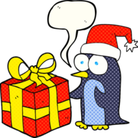 hand- getrokken grappig boek toespraak bubbel tekenfilm Kerstmis pinguïn met Cadeau png