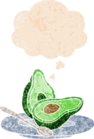 dibujos animados aguacate con pensamiento burbuja en grunge afligido retro texturizado estilo png