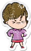 distressed sticker of a cartoon frustrated woman png