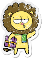 distressed sticker of a cartoon tired lion with gift png