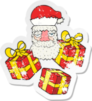 retro distressed sticker of a cartoon tired santa claus face with presents png