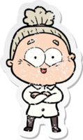 distressed sticker of a cartoon happy old woman png