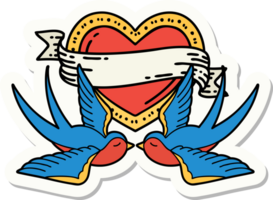 sticker of tattoo in traditional style of swallows and a heart with banner png