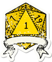 grunge sticker of a natural one d20 dice roll png