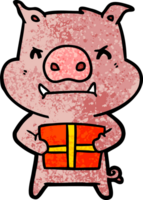 cochon de dessin animé en colère avec un cadeau de noël png