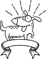 scroll banner with black line work tattoo style happy dog png