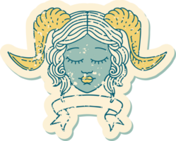 Retro Tattoo Style tiefling character face with scroll banner png