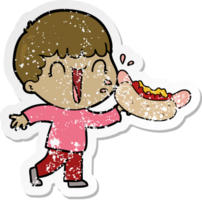 distressed sticker of a laughing cartoon man eating hot dog png