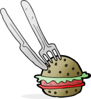 hand drawn cartoon knife and fork cutting burger png