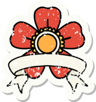 worn old sticker with banner of a flower png