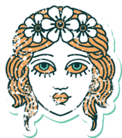 iconic distressed sticker tattoo style image of female face with crown of flowers png