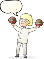 mano disegnato discorso bolla cartone animato capocuoco con hamburger png