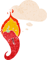 cartoon flaming hot chili pepper with thought bubble in grunge distressed retro textured style png