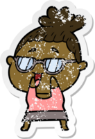 distressed sticker of a cartoon happy woman wearing spectacles png