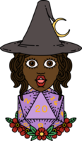 Retro Tattoo Style human witch with natural twenty dice roll png