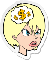 sticker of a cartoon woman thinking about money png