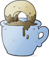 mano dibujado dibujos animados rosquilla sumergido en café png