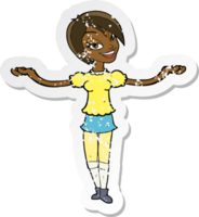 retro distressed sticker of a cartoon woman making open arm gesture png