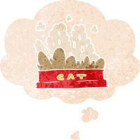 cartoon cat food with thought bubble in grunge distressed retro textured style png