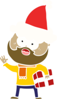 mano disegnato piatto colore illustrazione di un' barbuto uomo con presente indossare Santa cappello png